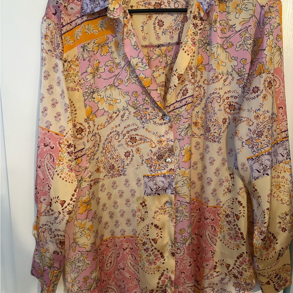 Zara Women's Floral Patchwork Button-Front Blouse — Pink & Cream